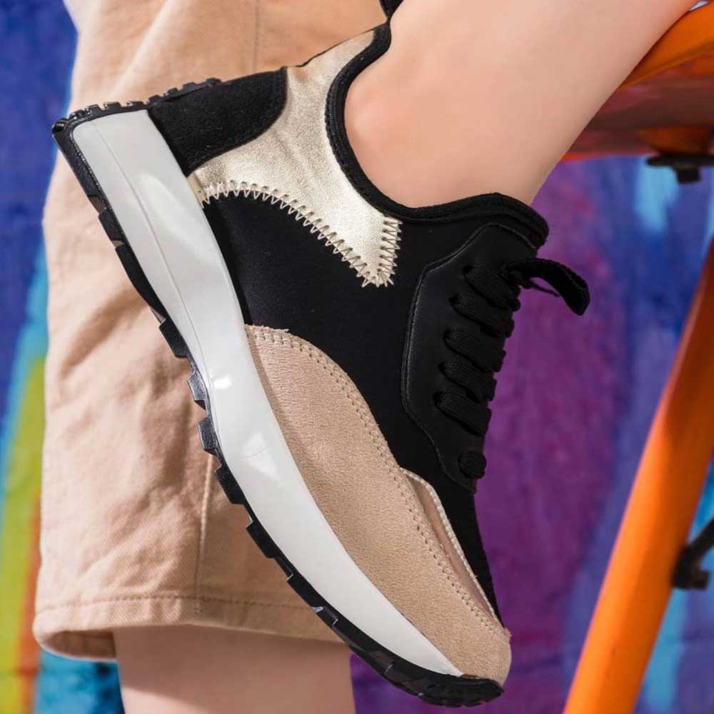 Fashion women sneakers with beige details - Black