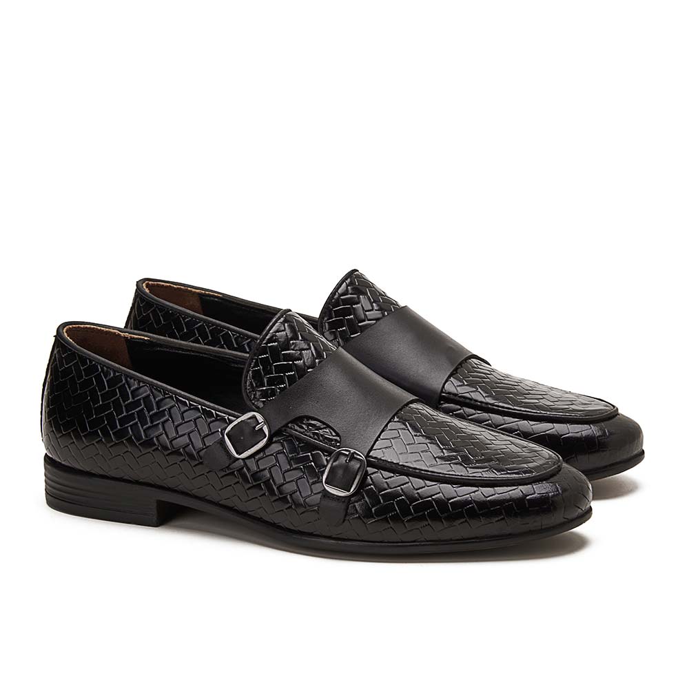 Men leather double monk strap shoes - Black