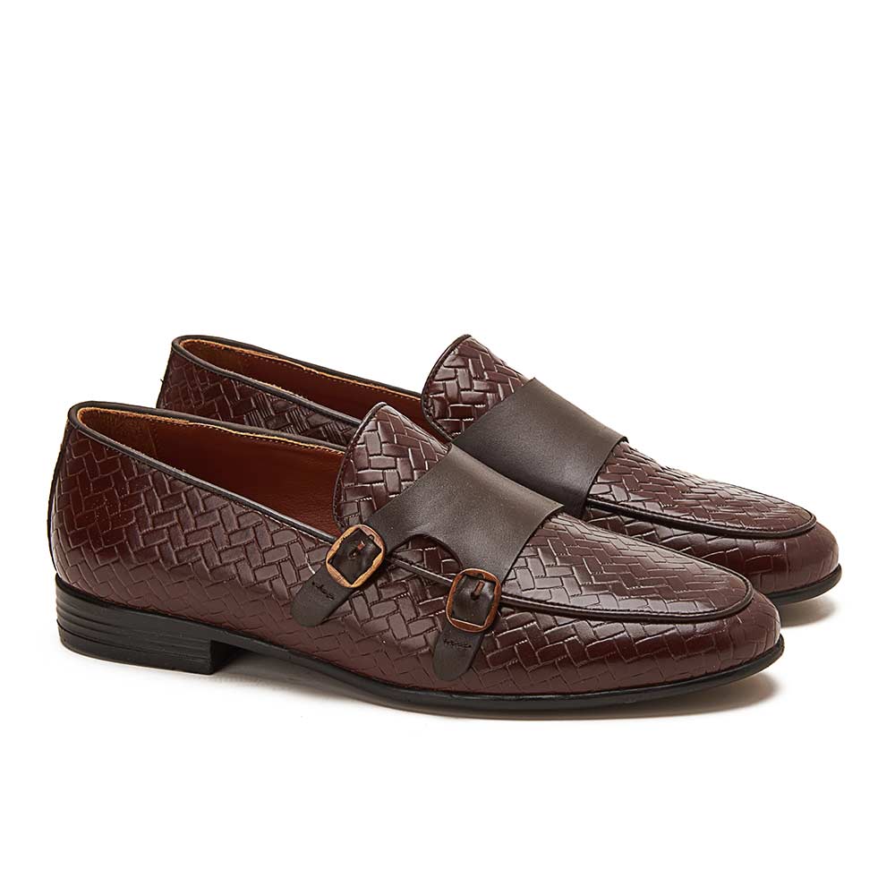 Men leather double monk strap shoes - Brown